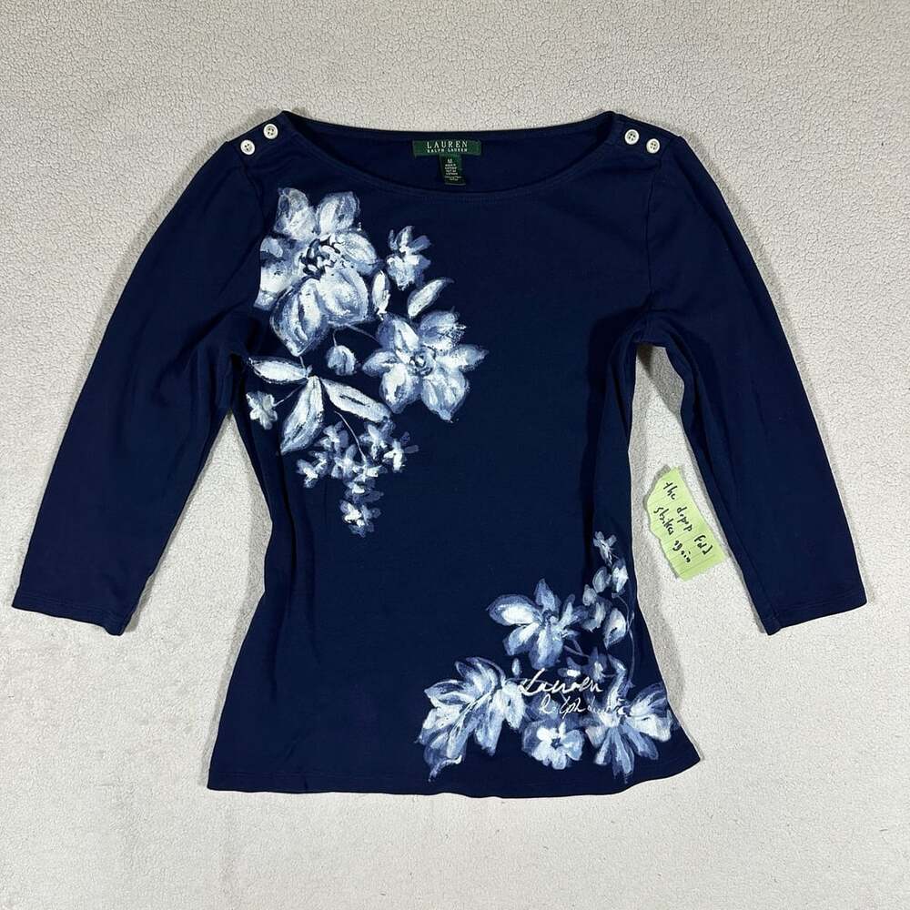Lauren Ralph Lauren Womens Navy Blue Floral Graphic 3/4 Sleeve Top Size M
